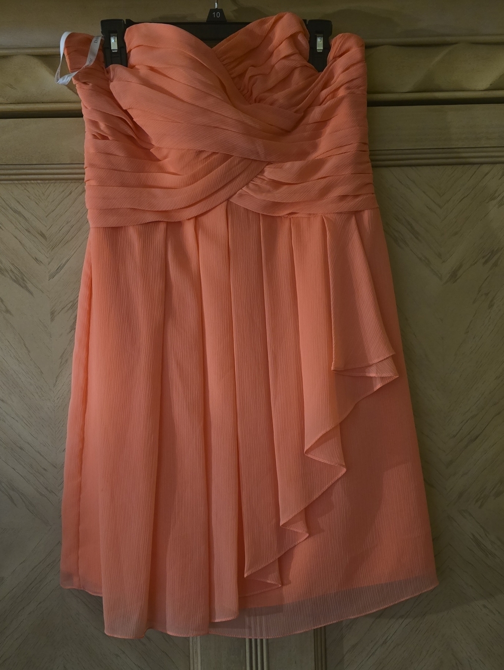 David's Bridal short crinkle chiffon dress in a coral color